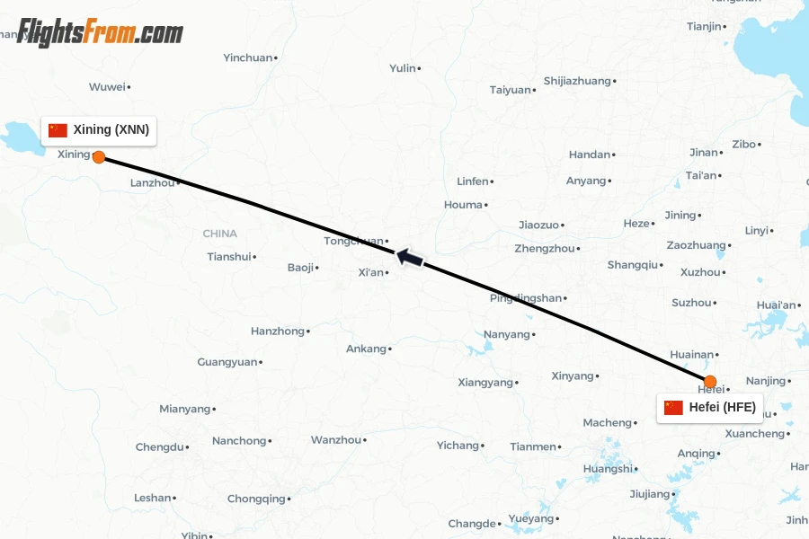Flights from Hefei to Xining route map