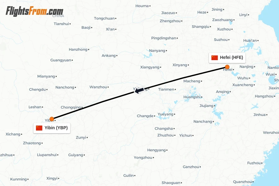 Flights from Hefei to Yibin route map