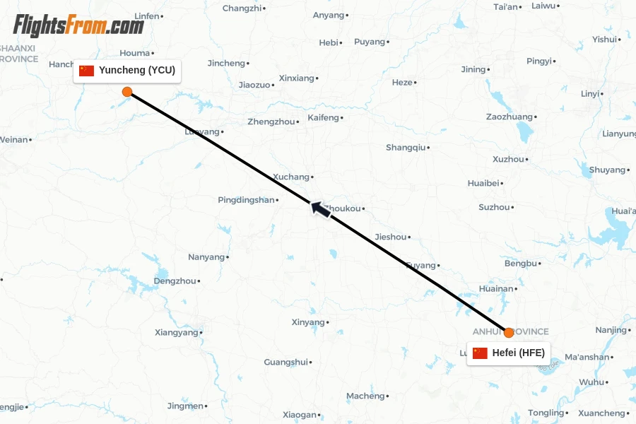Flights from Hefei to Yuncheng route map