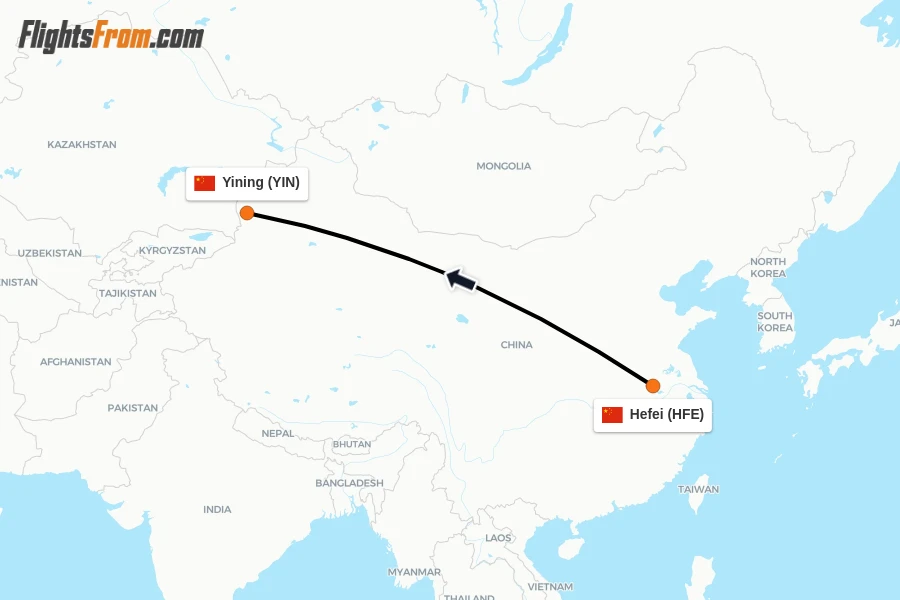 Flights from Hefei to Yining route map