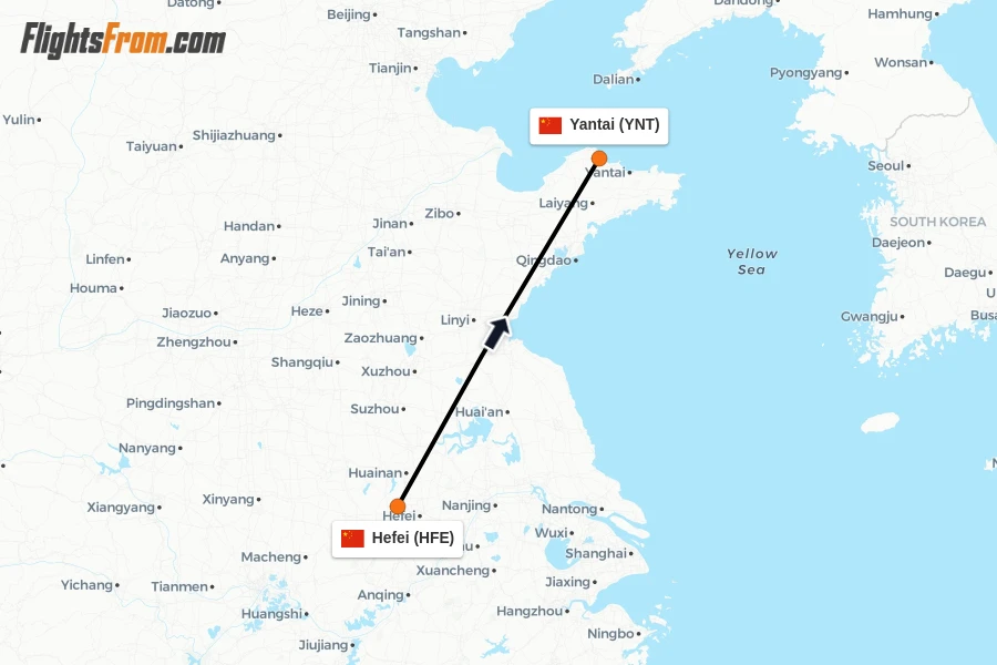 Flights from Hefei to Yantai route map