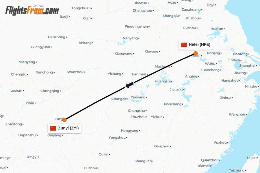 Flights from Hefei to Zunyi route map