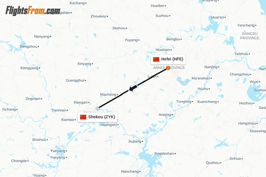 Flights from Hefei to Shekou route map