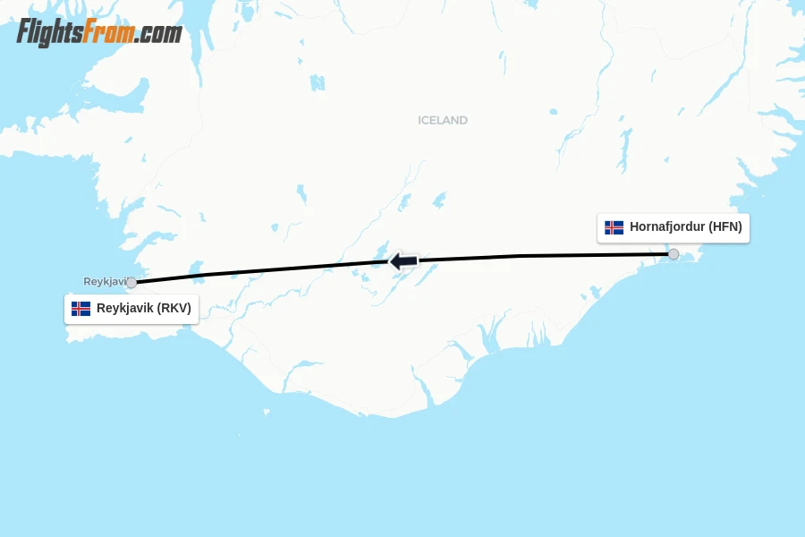 Flights from Hornafjordur to Reykjavik route map