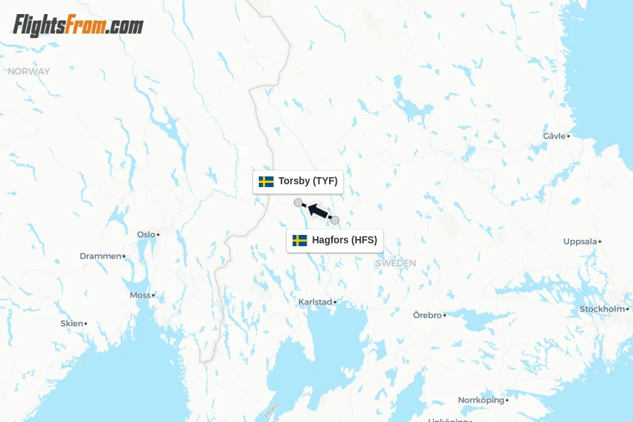 Flights from Hagfors to Torsby route map