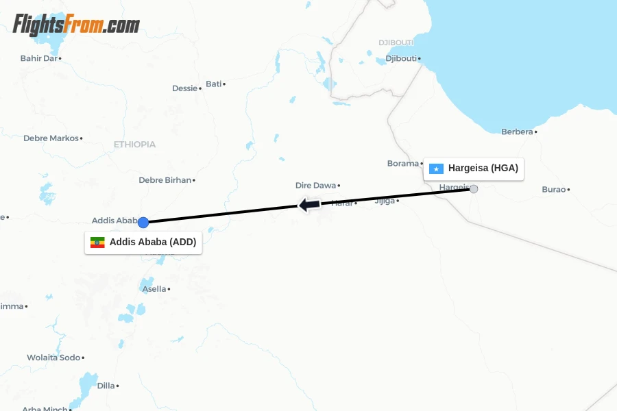 Flights from Hargeisa to Addis Ababa route map