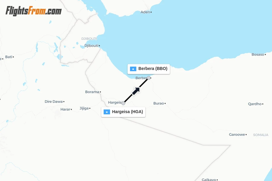 Flights from Hargeisa to Berbera route map