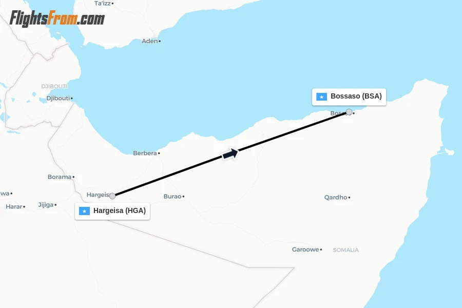 Flights from Hargeisa to Bossaso route map