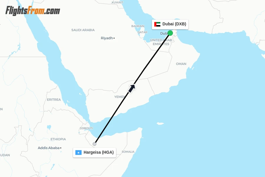 Flights from Hargeisa to Dubai route map