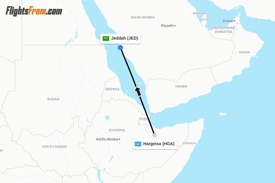 Flights from Hargeisa to Jeddah route map
