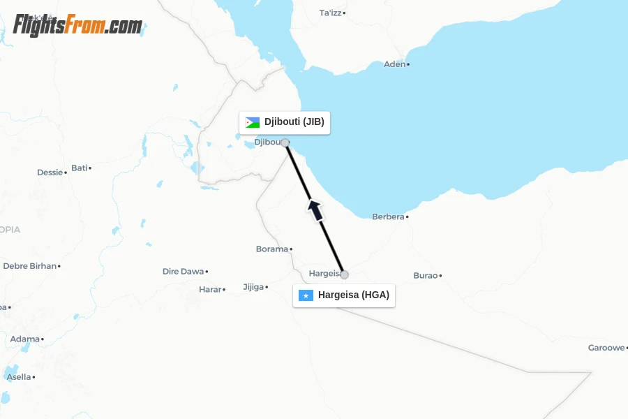 Flights from Hargeisa to Djibouti route map