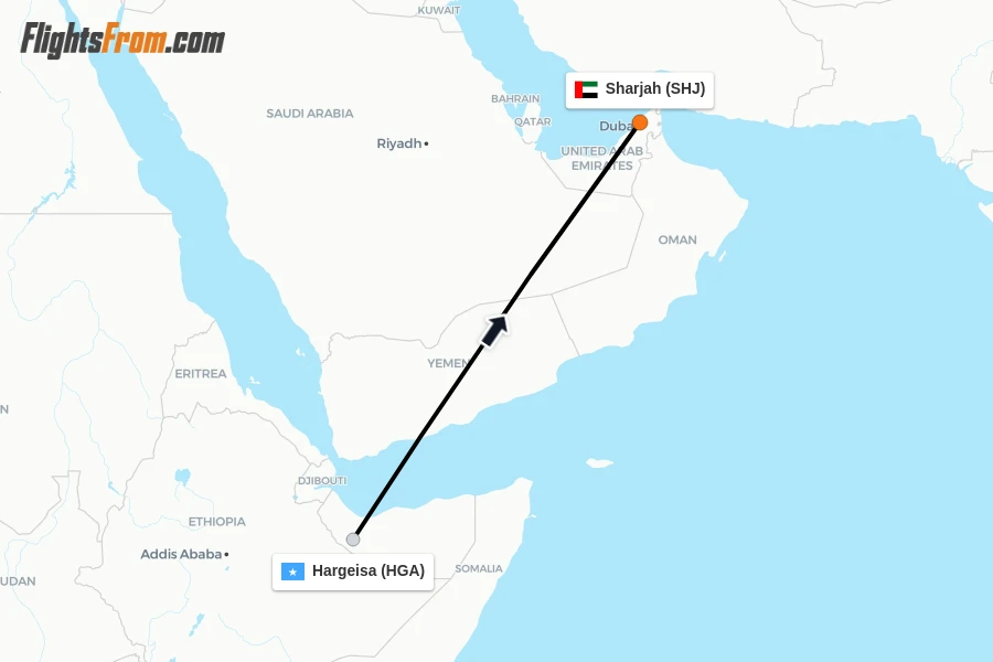 Flights from Hargeisa to Sharjah route map