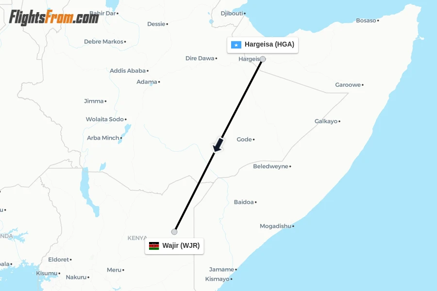 Flights from Hargeisa to Wajir route map