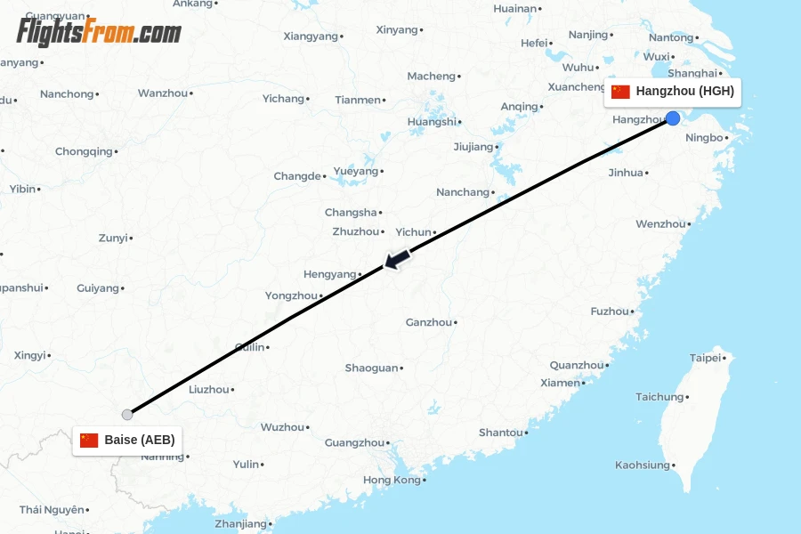Flights from Hangzhou to Baise route map