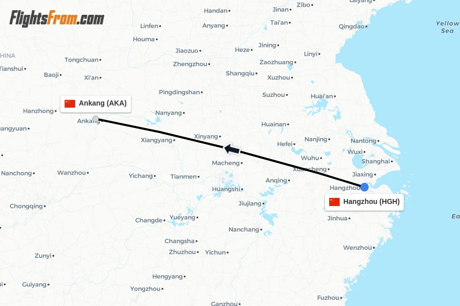Flights from Hangzhou to Ankang route map
