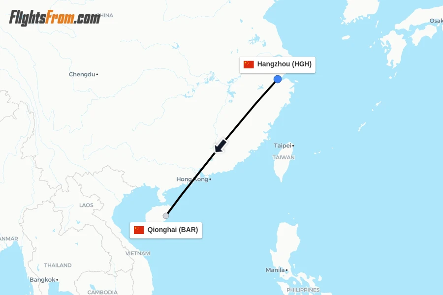 Flights from Hangzhou to Qionghai route map