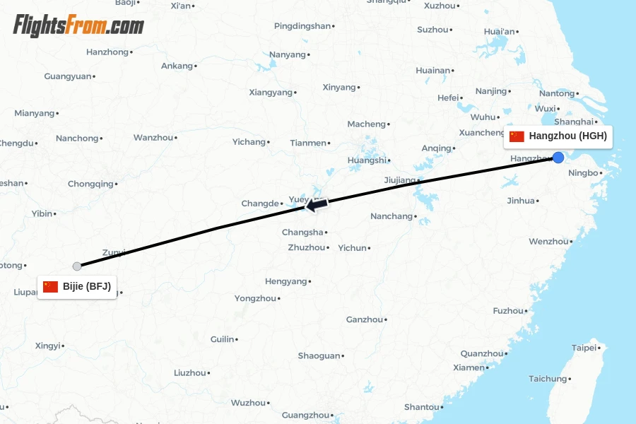 Flights from Hangzhou to Bijie route map
