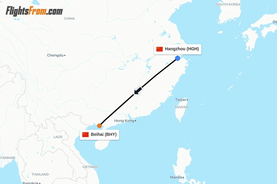 Flights from Hangzhou to Beihai route map