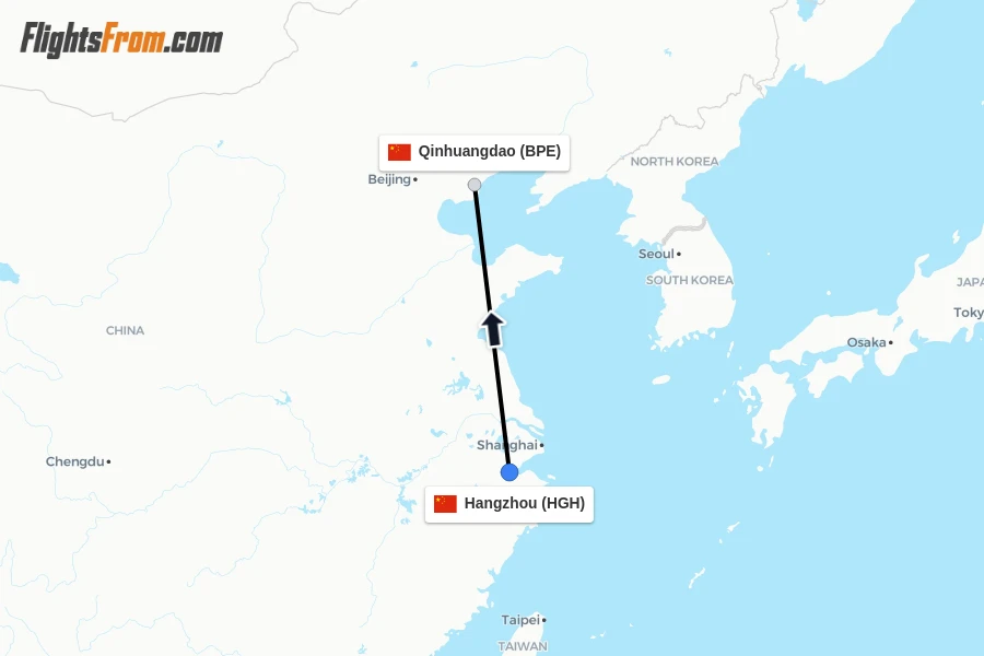 Flights from Hangzhou to Qinhuangdao route map