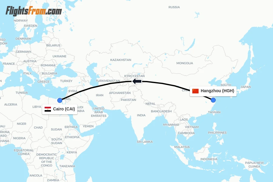 Flights from Hangzhou to Cairo route map