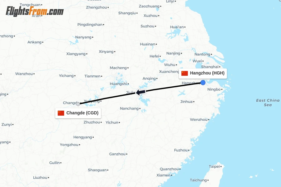Flights from Hangzhou to Changde route map