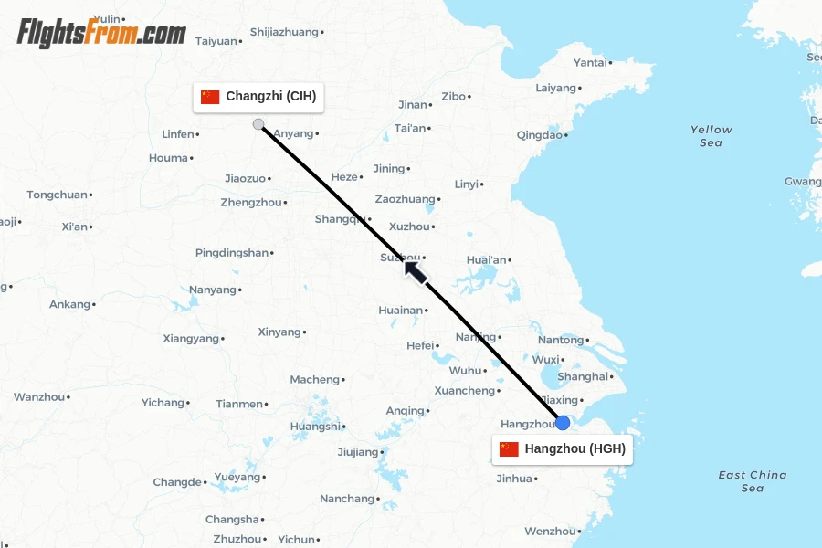 Flights from Hangzhou to Changzhi route map