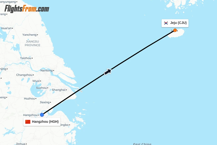 Flights from Hangzhou to Jeju route map