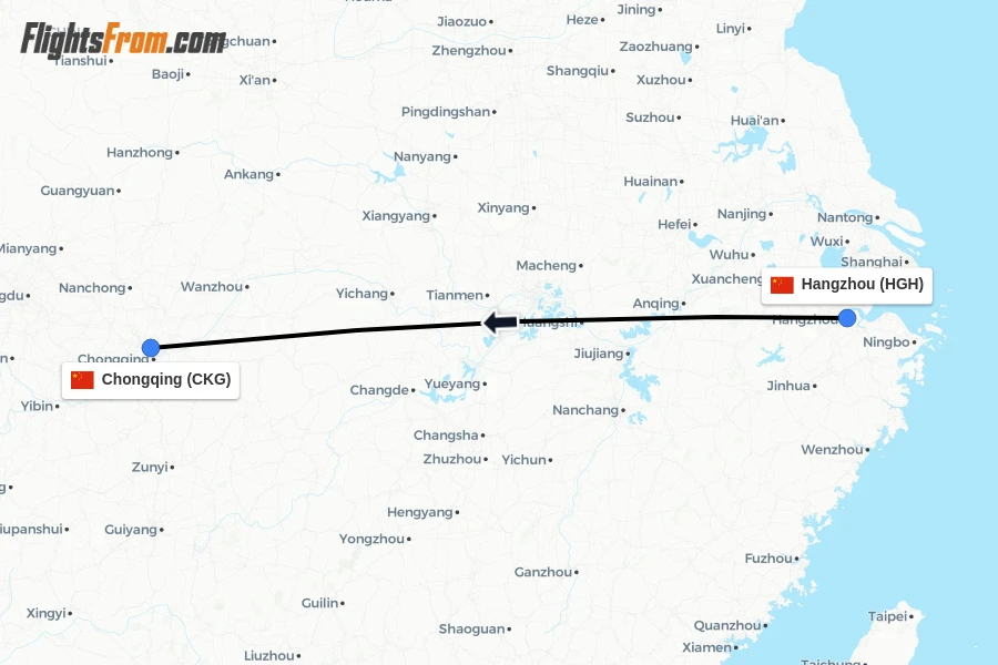 Flights from Hangzhou to Chongqing route map