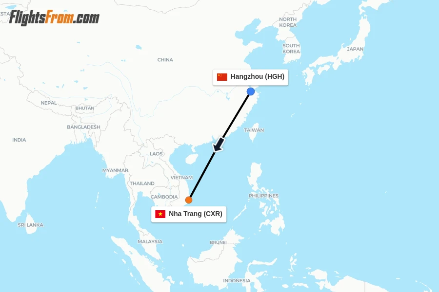Flights from Hangzhou to Nha Trang route map