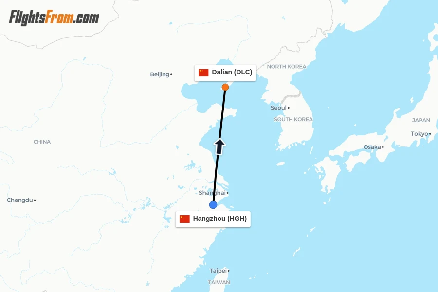 Flights from Hangzhou to Dalian route map