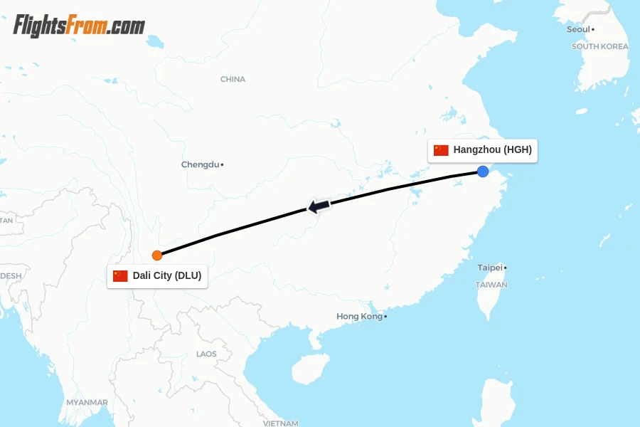 Flights from Hangzhou to Dali City route map