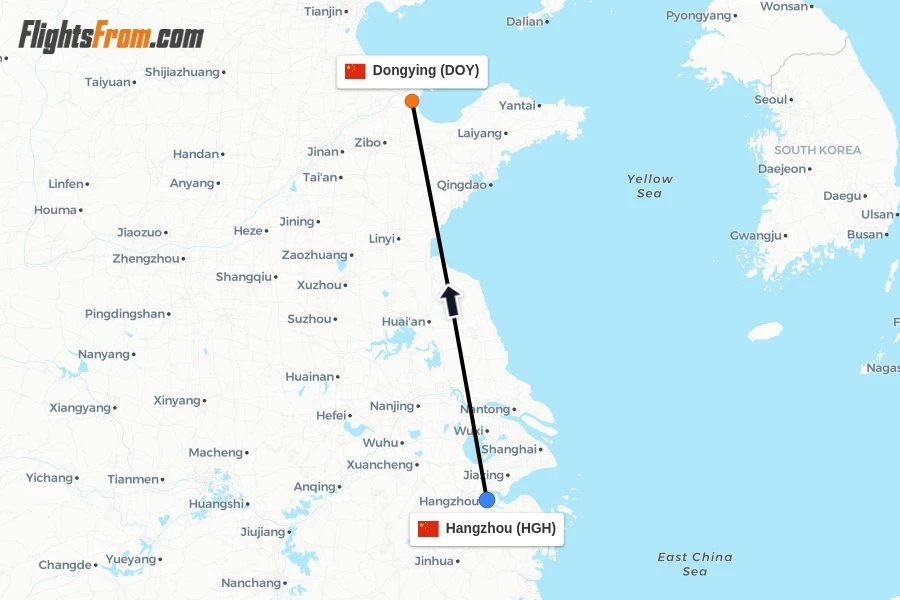 Flights from Hangzhou to Dongying route map