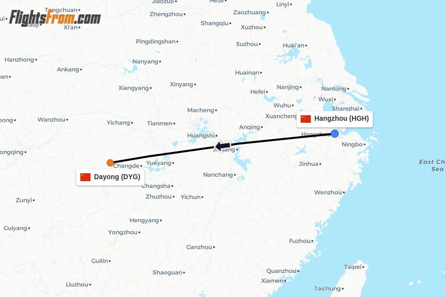 Flights from Hangzhou to Dayong route map