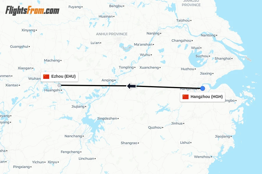 Flights from Hangzhou to Ezhou route map