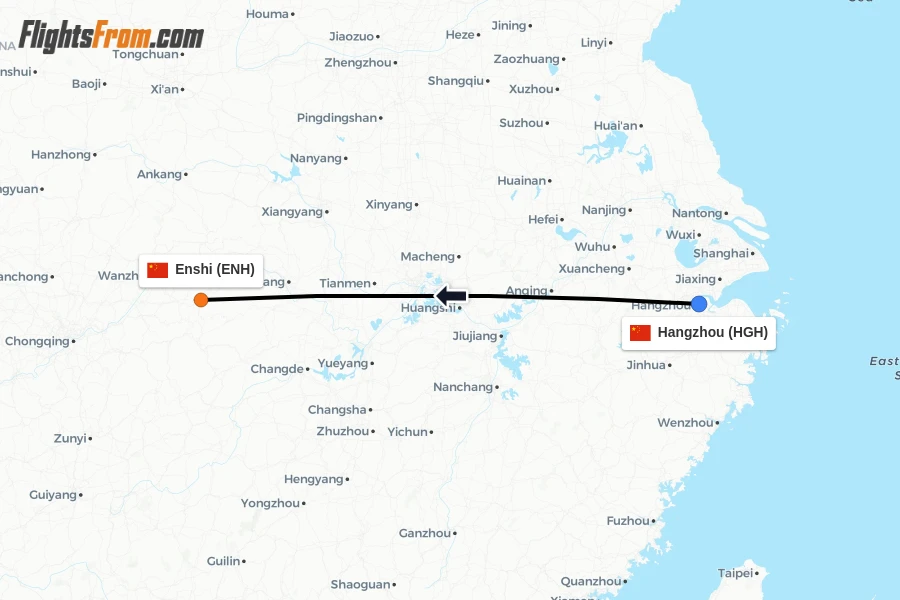 Flights from Hangzhou to Enshi route map