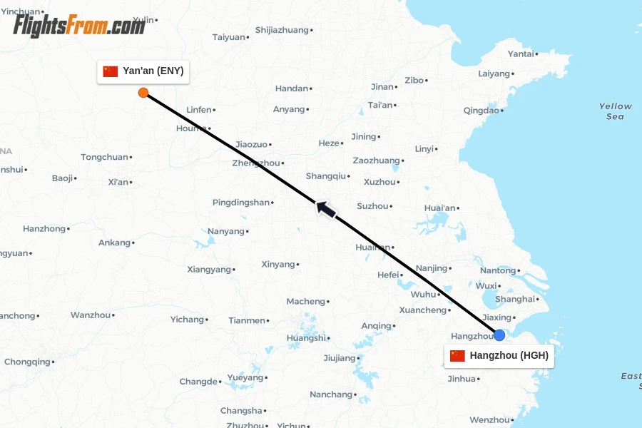 Flights from Hangzhou to Yan'an route map