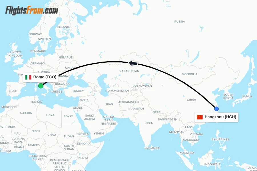 Flights from Hangzhou to Rome route map