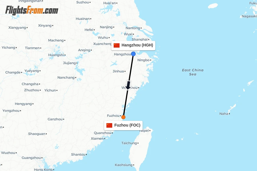 Flights from Hangzhou to Fuzhou route map