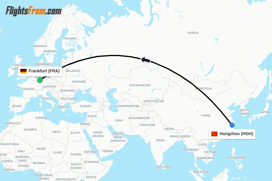 Flights from Hangzhou to Frankfurt route map