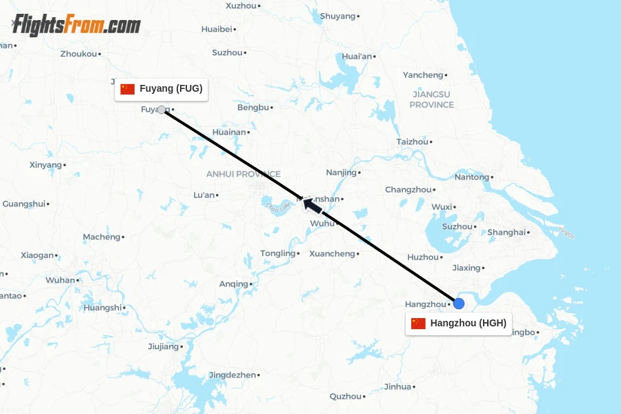 Flights from Hangzhou to Fuyang route map
