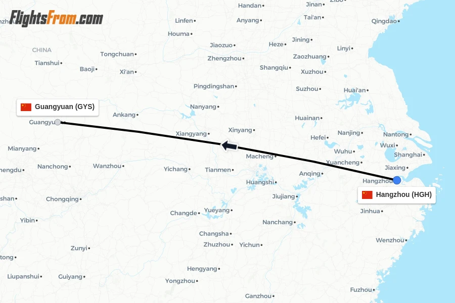 Flights from Hangzhou to Guangyuan route map
