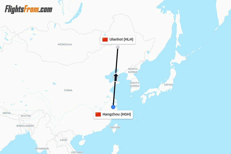 Flights from Hangzhou to Ulanhot route map