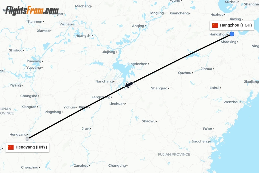 Flights from Hangzhou to Hengyang route map