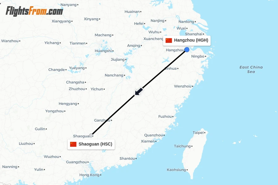 Flights from Hangzhou to Shaoguan route map