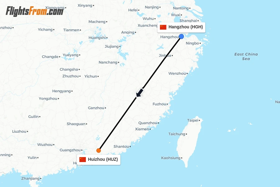 Flights from Hangzhou to Huizhou route map