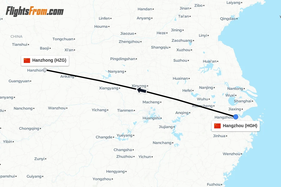 Flights from Hangzhou to Hanzhong route map