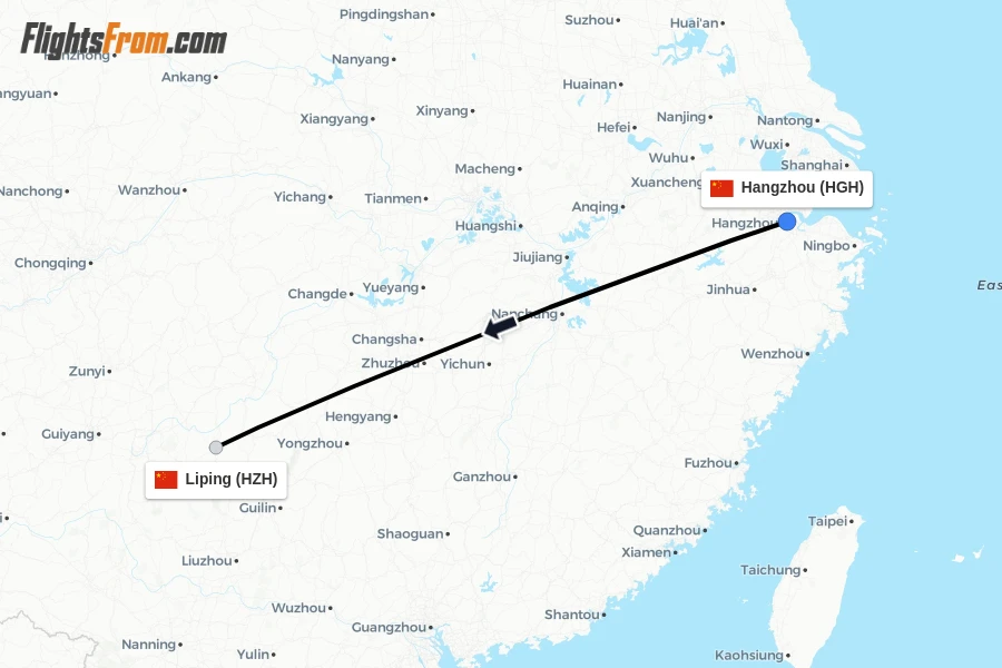 Flights from Hangzhou to Liping route map