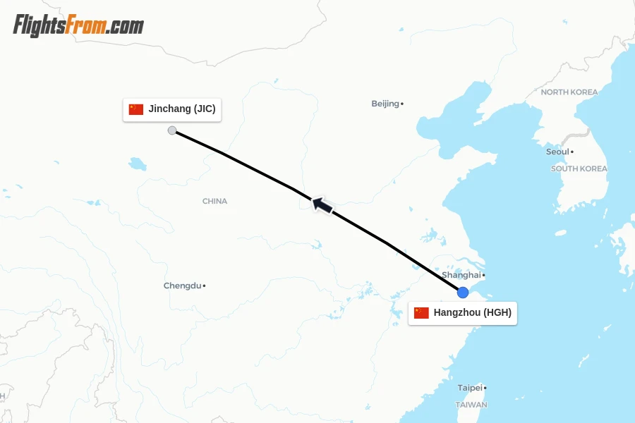 Flights from Hangzhou to Jinchang route map