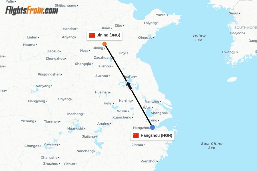 Flights from Hangzhou to Jining route map