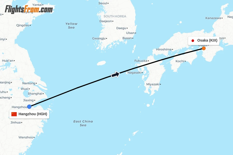 Flights from Hangzhou to Osaka route map